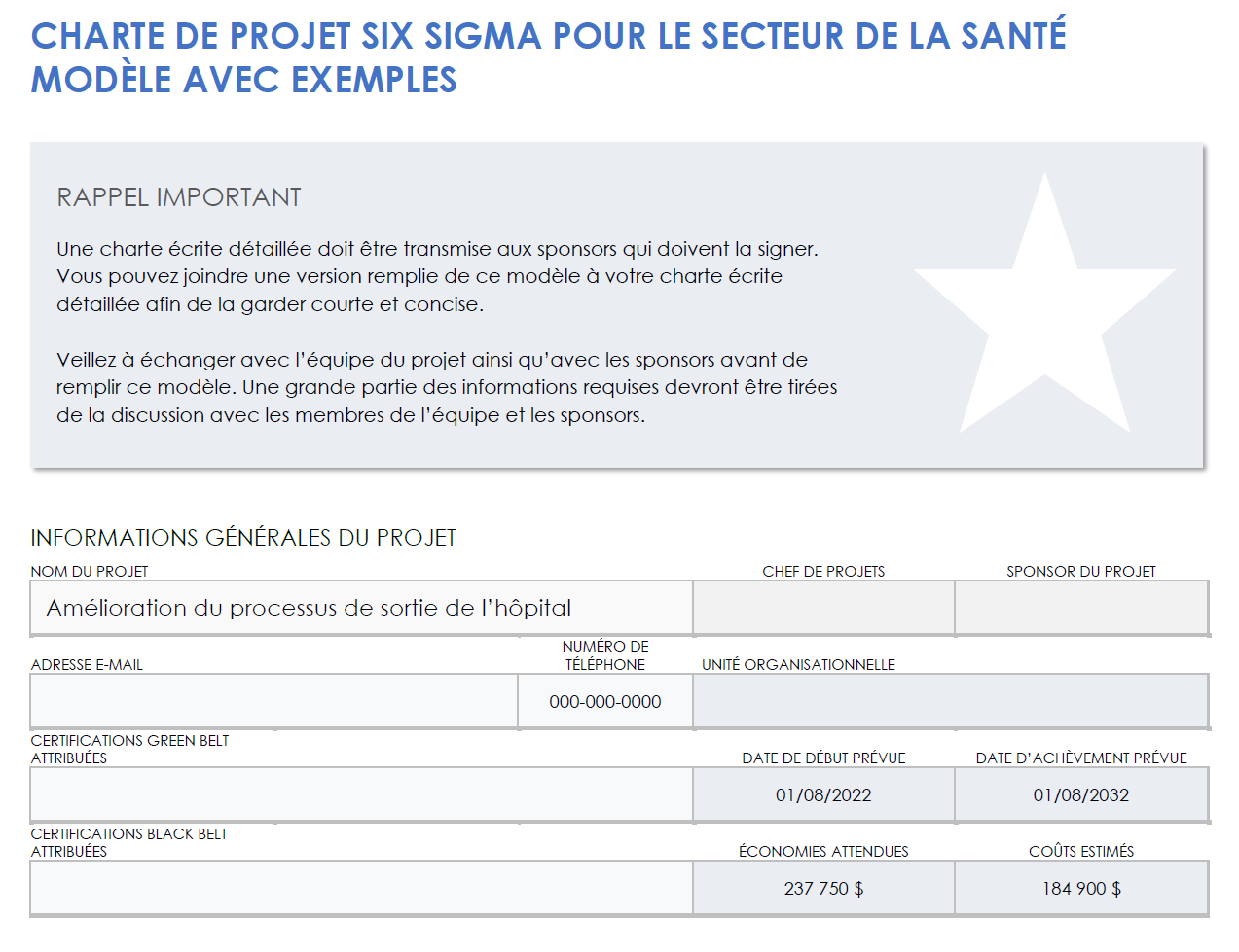 Exemple de charte de projet Six Sigma pour les soins de santé