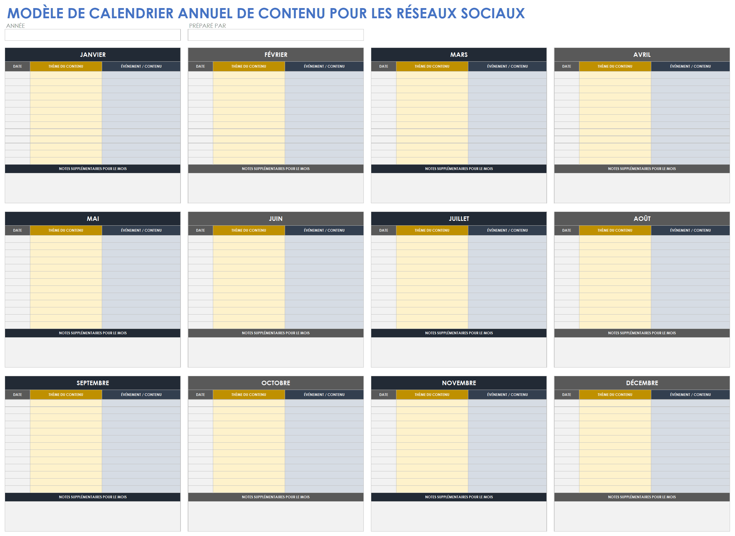  Modèle de calendrier annuel pour le contenu des médias sociaux