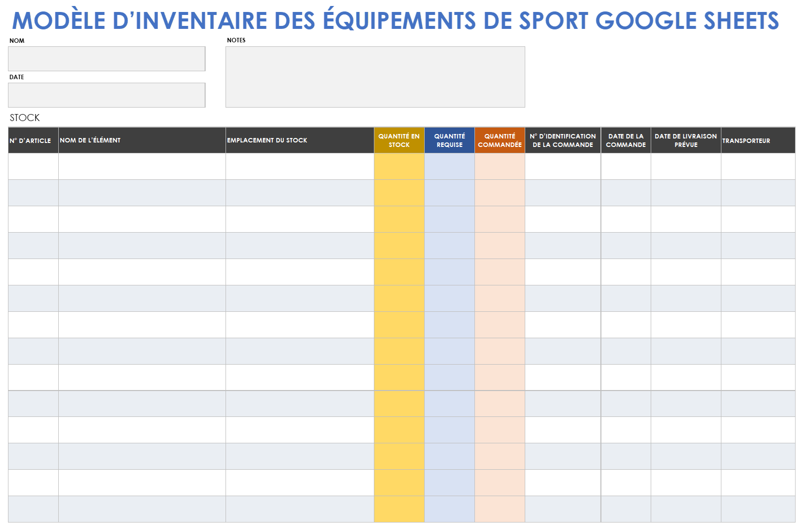 Modèle d'inventaire d'équipement sportif pour feuilles de calcul Google