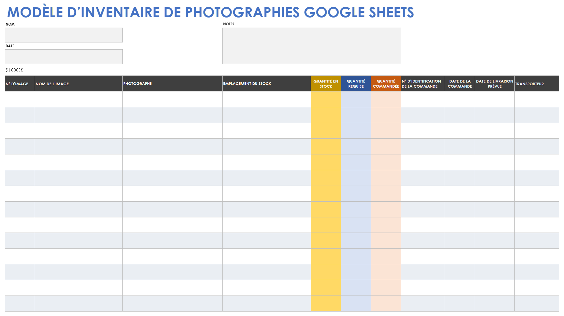 Modèle d'inventaire de photographies Google Sheets