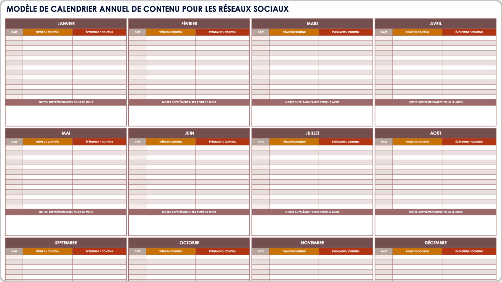 Modèle de calendrier annuel de contenu pour les médias sociaux