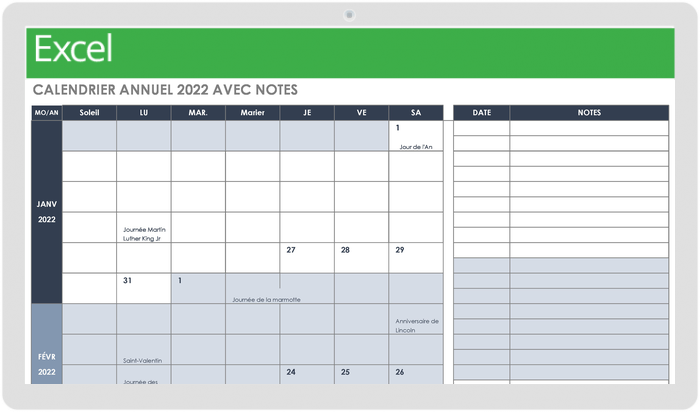 2022 Yearly Calendar with Notes - FR