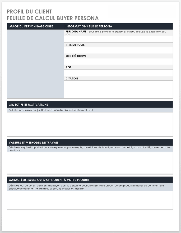 Fiche de travail sur la personnalité de l'acheteur du profil client