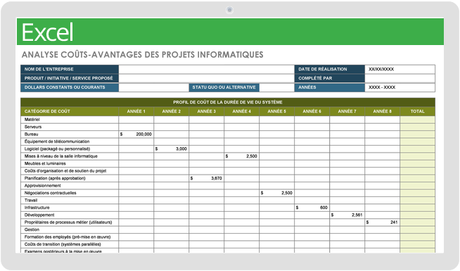 Modèle d'analyse des coûts et avantages d'un projet informatique