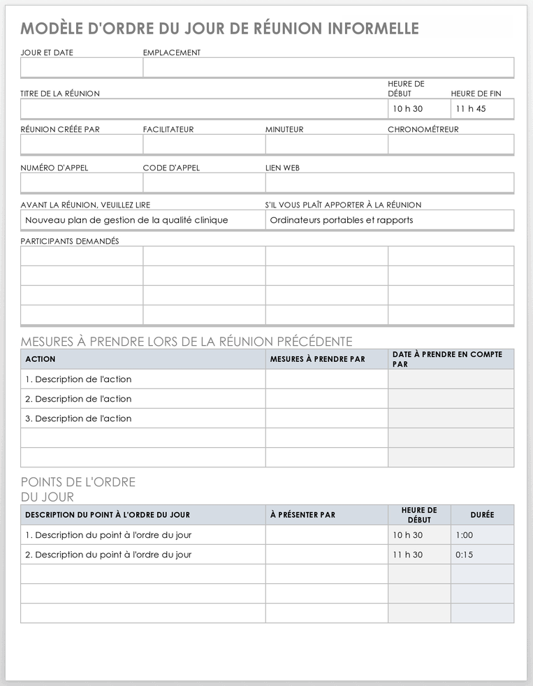 Modèle d'ordre du jour de réunion informelle