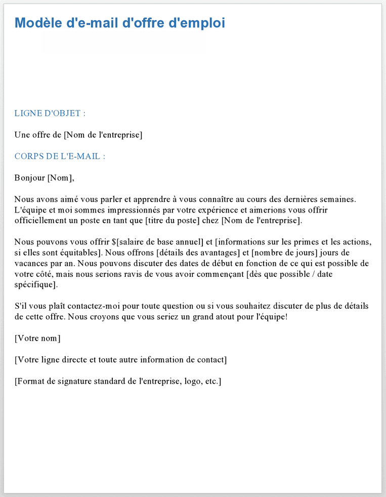 Modèle d'e-mail d'offre d'emploi