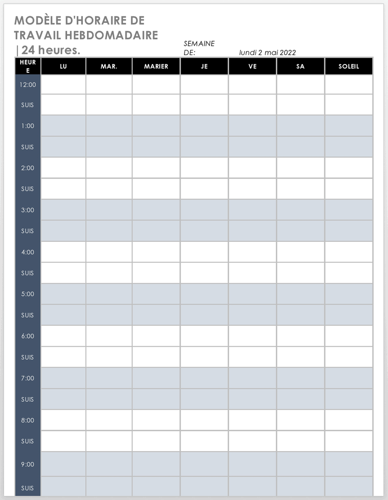 Modèle d'horaire hebdomadaire du lundi au dimanche sur 24 heures