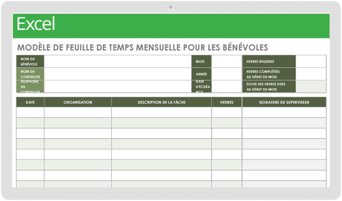 Modèle mensuel de feuille de temps des bénévoles