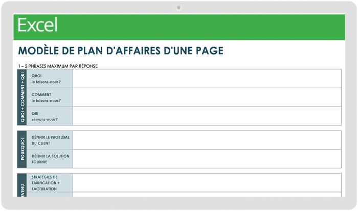 MODÈLE DE PLAN D'AFFAIRES D'UNE PAGE