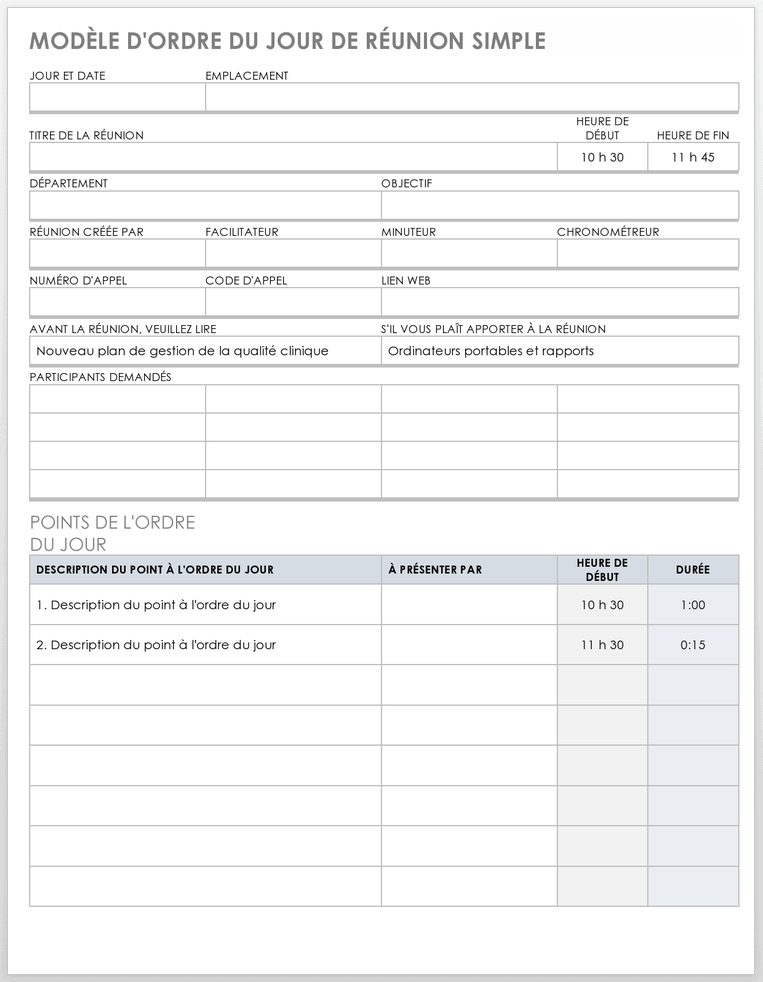 Modèle simple d'ordre du jour de réunion