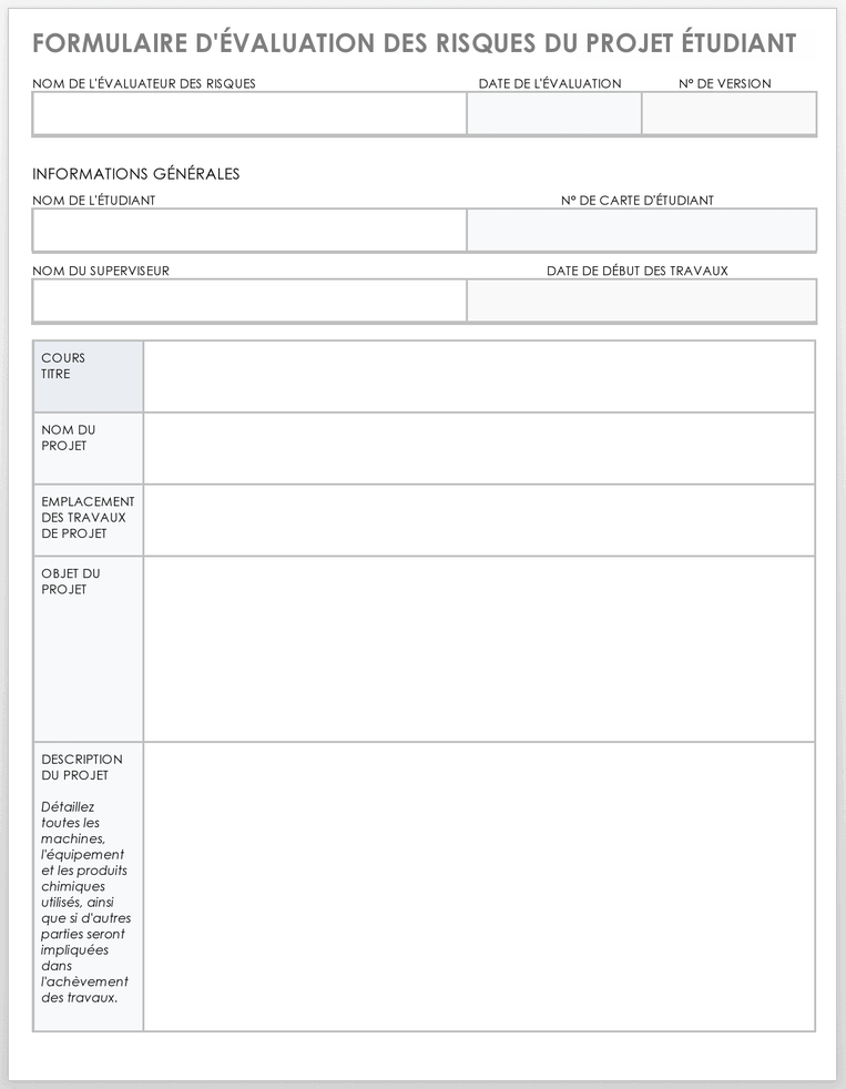 Formulaire d'évaluation des risques du projet étudiant