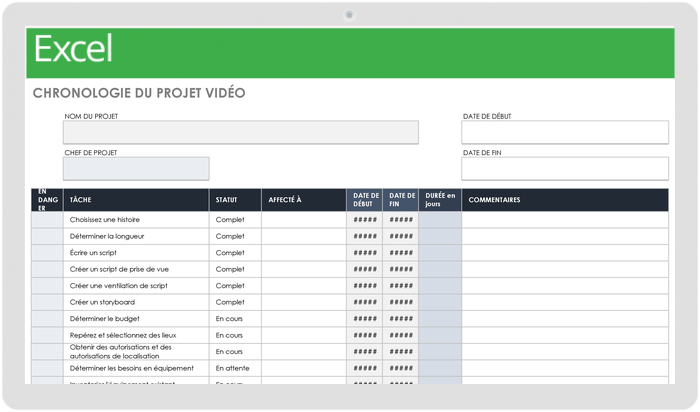 Modèle de chronologie de projet vidéo