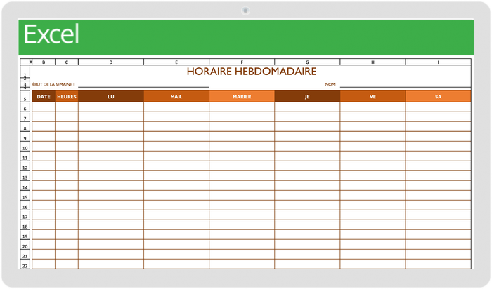 Horaire de travail du lundi au samedi avec modèle de NOTES